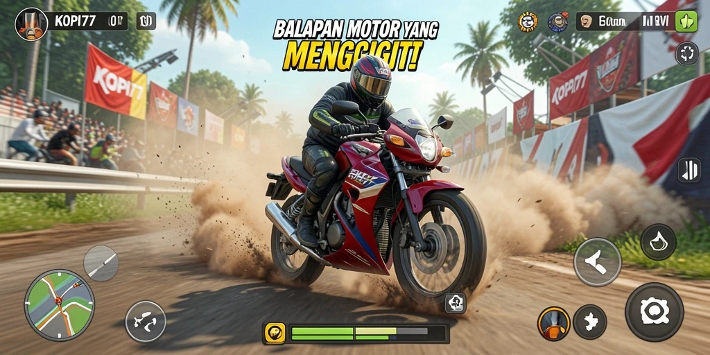 Screenshot gameplay KOPI77 dengan aksi balap motor yang mendebarkan.