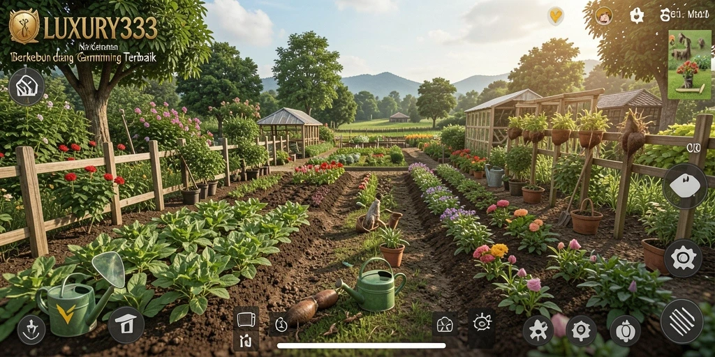 Screenshot utama LUXURY333 menampilkan kebun yang subur dan menarik.