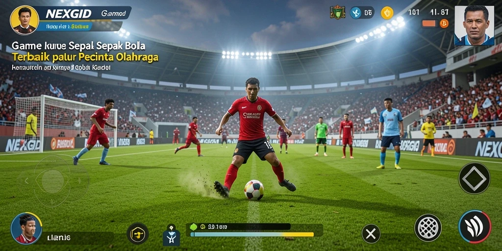 Screenshot gameplay NEXGID menampilkan aksi pertandingan sepak bola yang seru.